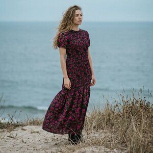 Fore Women's Plum Floral Short Sleeve Smocked Peplum Hem Midi Dress Size XL